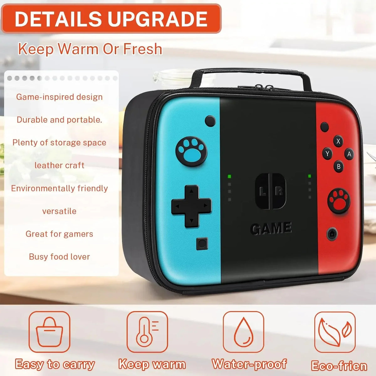 A black insulated thermal lunch bag shaped like a game controller with red and blue accents.