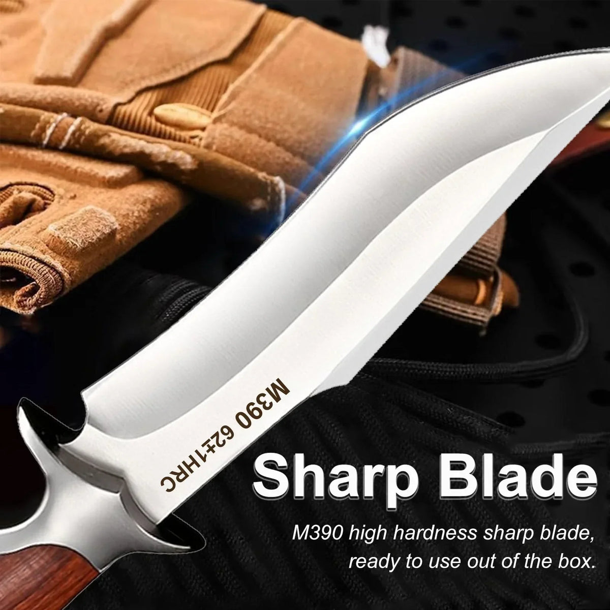 A close-up of an M390 high hardness sharp blade knife with a silver blade and dark leather sheath.
