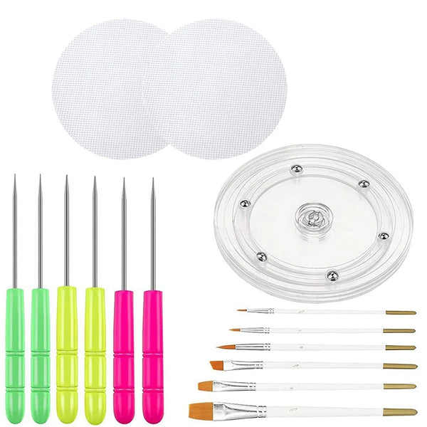 A set of cookie decorating tools including a rotating turntable and various icing application tools.