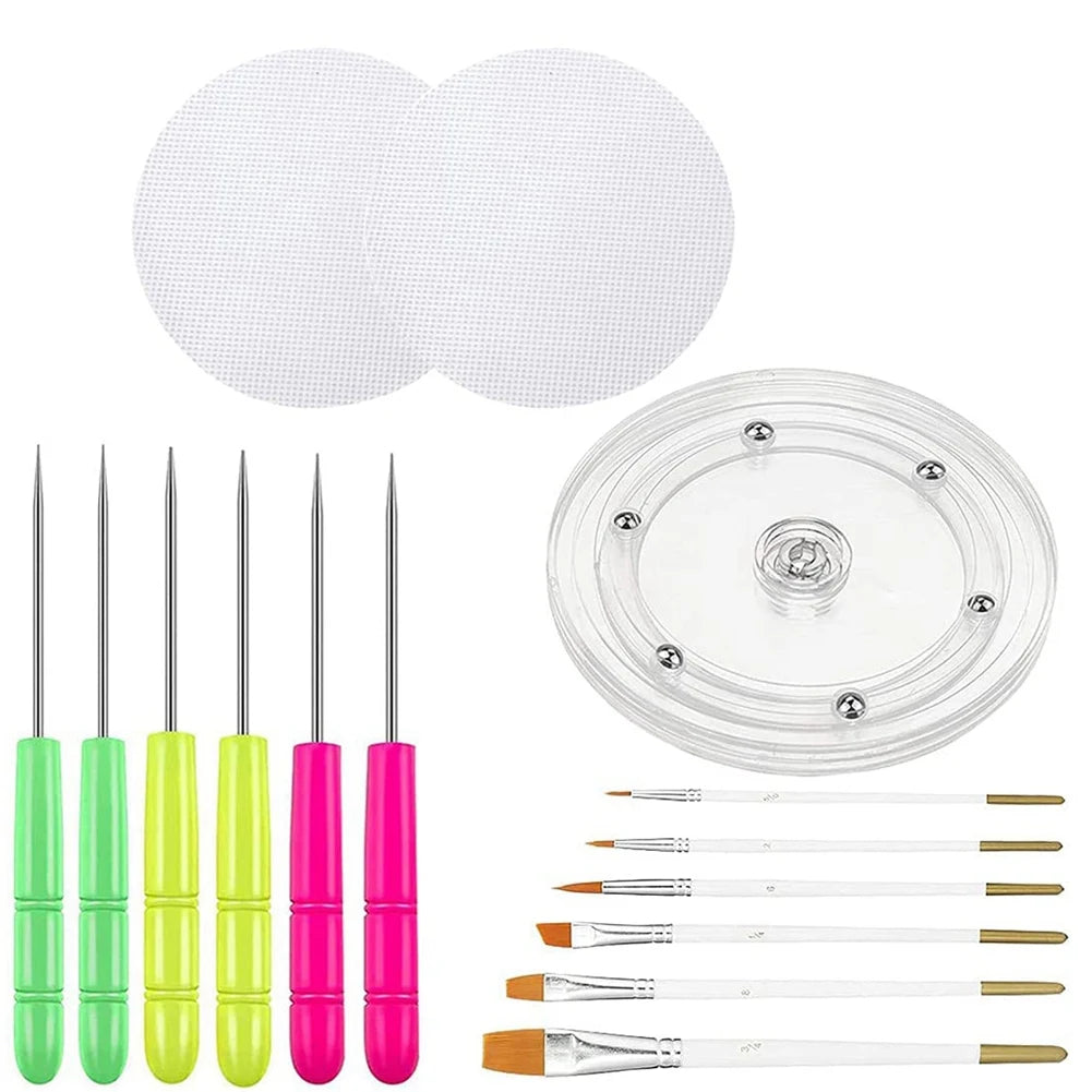 A set of cookie decorating tools including a rotating turntable and various icing application tools.