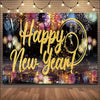 A festive banner featuring golden text Happy New Year surrounded by colorful fireworks and a clock against a night cityscape.