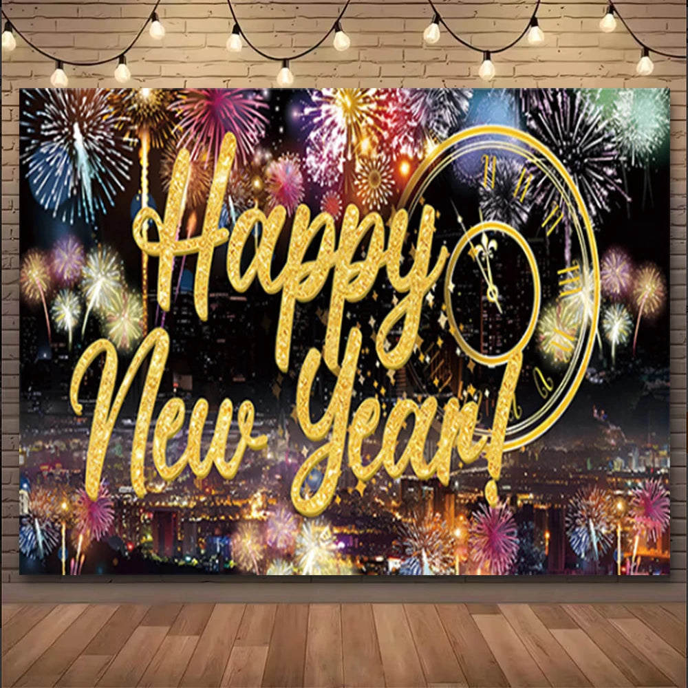 A festive banner featuring golden text Happy New Year surrounded by colorful fireworks and a clock against a night cityscape.