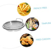 A heavy duty stainless steel frying rack with an oil draining basket shown alongside various fried foods like french fries, t