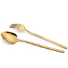 A set of gold-toned stainless steel cutlery including a fork and a spoon.