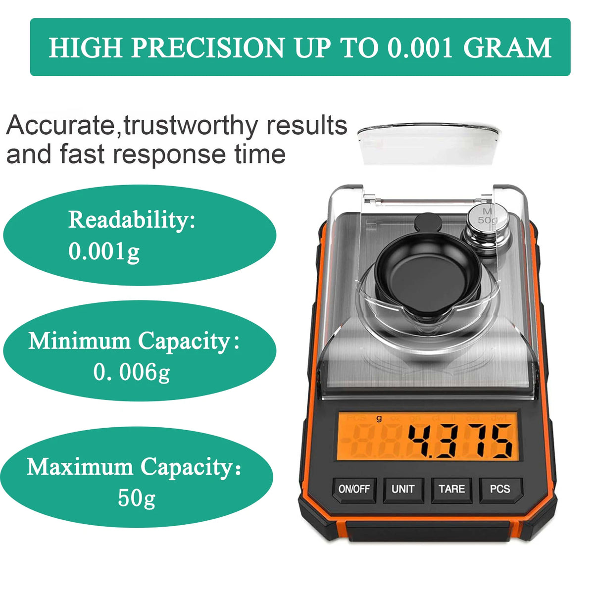 An orange and black digital scale with a clear glass pan, showing a reading of 0.001g.