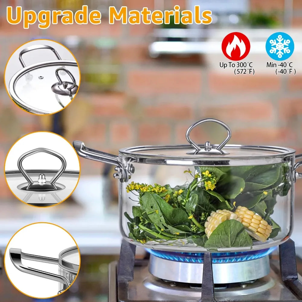 A glass cookware pot with a lid and double handles is shown on a stove, highlighting its upgrade materials.