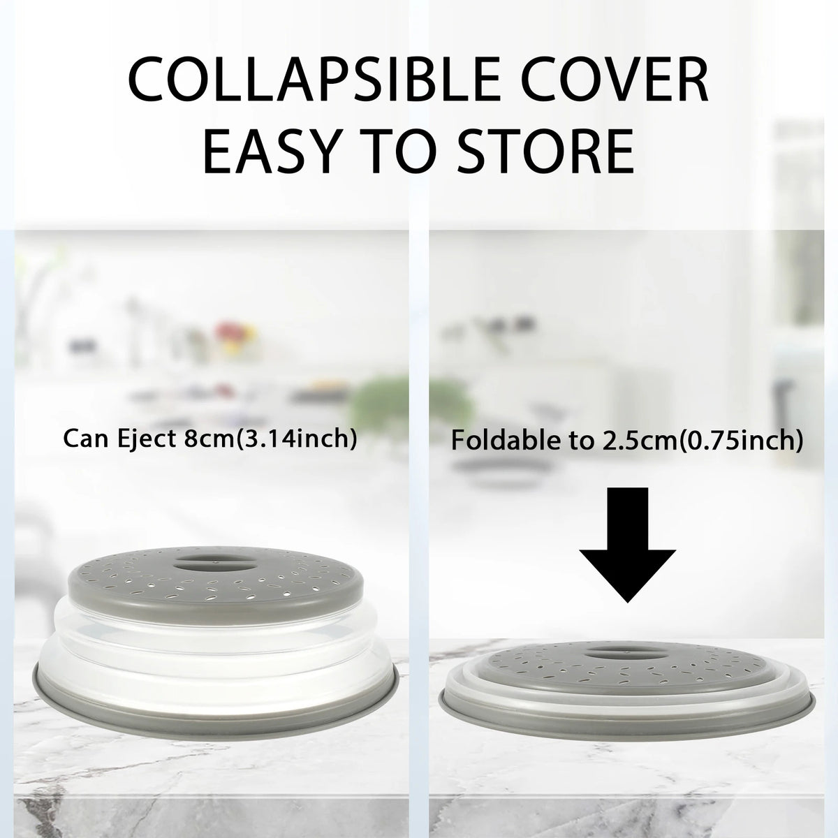 A gray collapsible cover lid for a microwave splash guard, shown in both assembled and folded states.