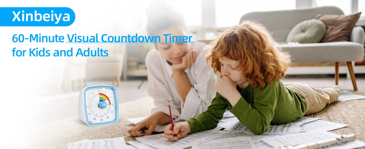 A child is using a blue visual countdown timer while sitting on the floor with papers.