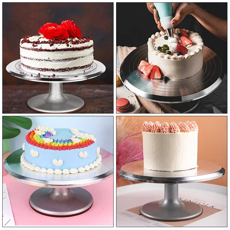 Edelstahl-Tortenverzierungssatz mit Drehplattform und Werkzeugen, gezeigt bei verzierten Kuchen.
