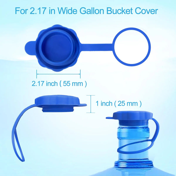Blue reusable silicone jug lid with a loop and a separate wide gallon bucket cover component.