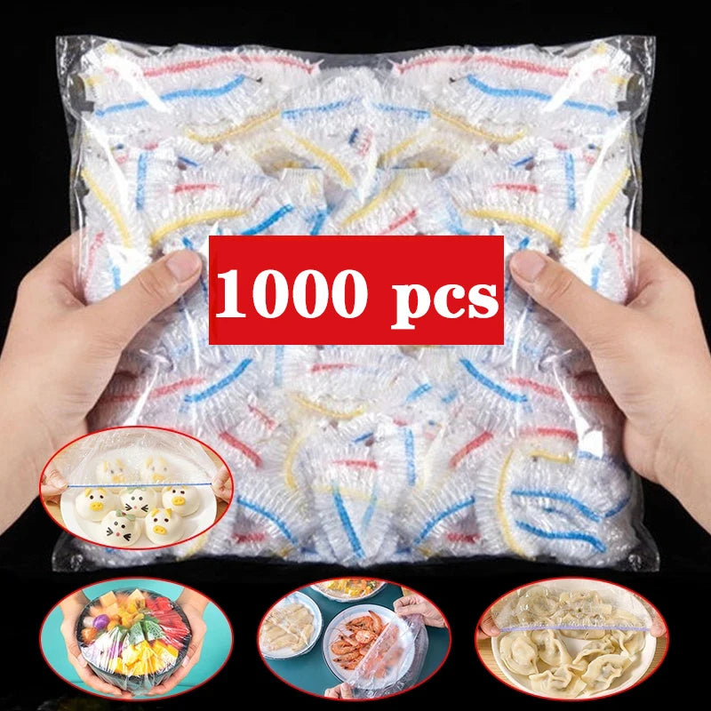 A clear plastic bag filled with 1000 colorful disposable plastic food covers.