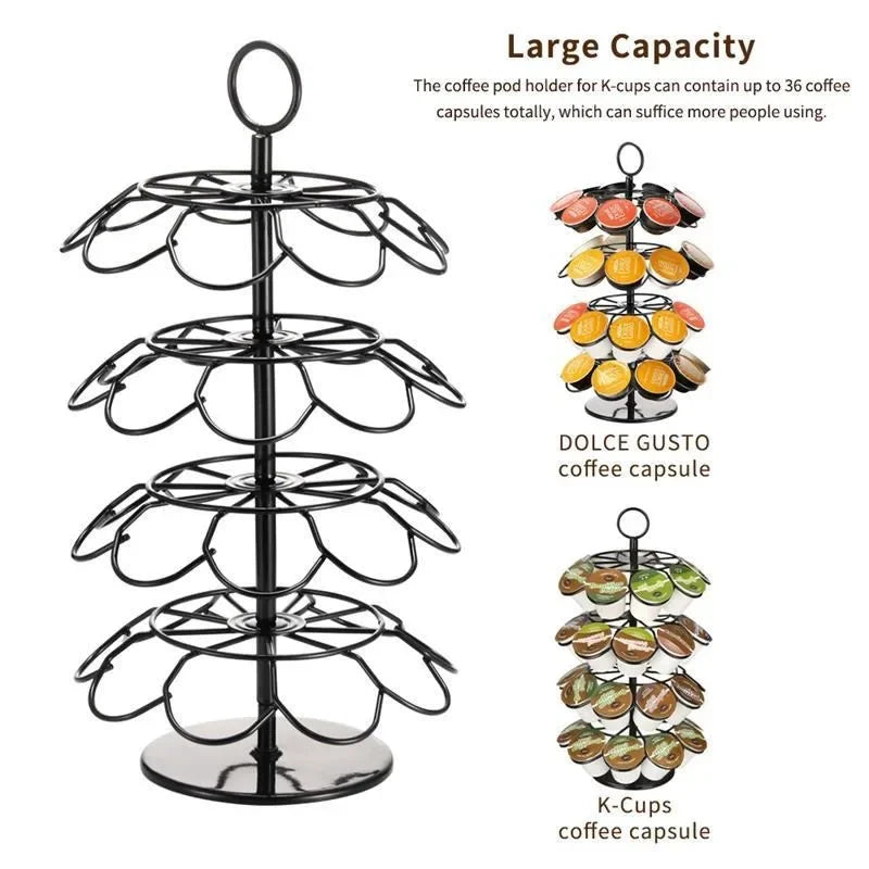 Black rotating coffee pod storage rack with multiple tiers for holding K-cups and Dolce Gusto capsules
