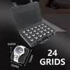 A black plastic watch storage case with a lid open, showing 24 grids for organizing watches.