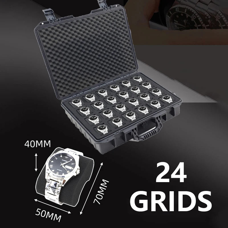 A black plastic watch storage case with a lid open, showing 24 grids for organizing watches.