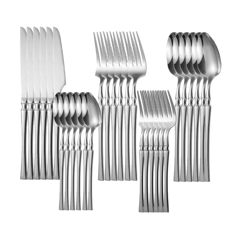 A set of 30 glossy gold stainless steel dinnerware including forks and knives.