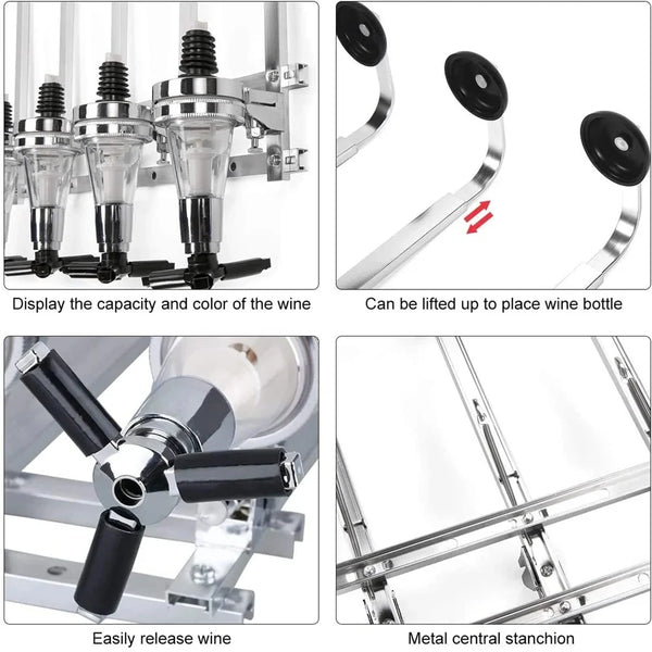 A rotating wall dispenser for spirits showing various components and features like capacity display, lifting capability, and 