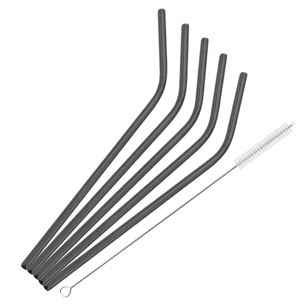 A set of six reusable stainless steel drinking straws arranged in a fan shape.
