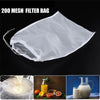 A white 200 mesh filter bag is shown, with close-ups of it being used for straining liquids.