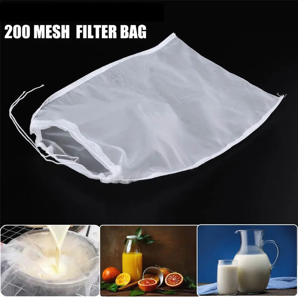 A white 200 mesh filter bag is shown, with close-ups of it being used for straining liquids.