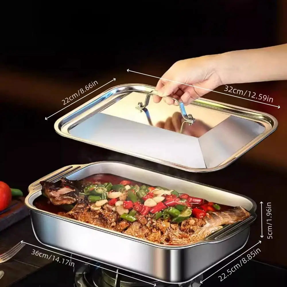 A stainless steel baking pan set showing a large pan filled with cooked meat and a smaller lid being lifted.