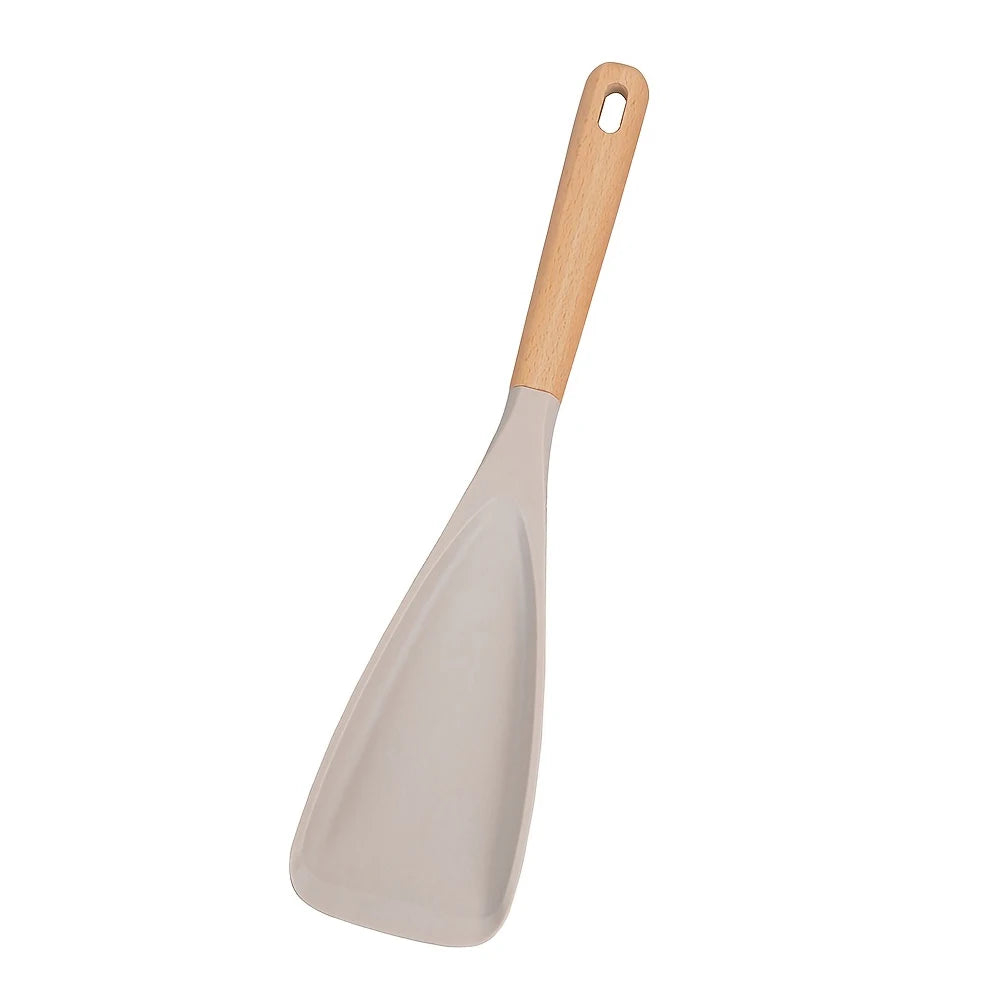 A silicone cooking spoon and spatula with a light gray blade and a natural wooden handle.