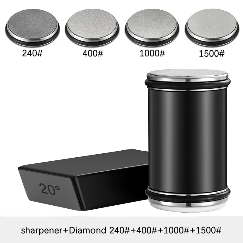 A set of diamond sharpening rollers numbered 240, 400, 1000, and 1500, shown next to a black sharpening device.