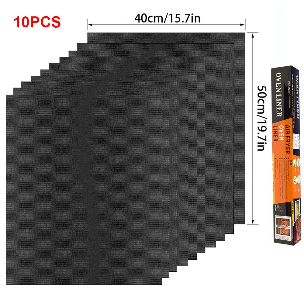 A black reusable silicone baking mat with a 40cm x 50cm size shown next to its packaging.
