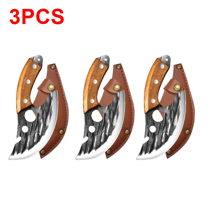 Three forged stainless steel meat cleavers with bottle openers displayed side by side.