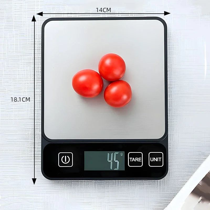 A black digital kitchen scale is shown measuring three red tomatoes on a white surface.