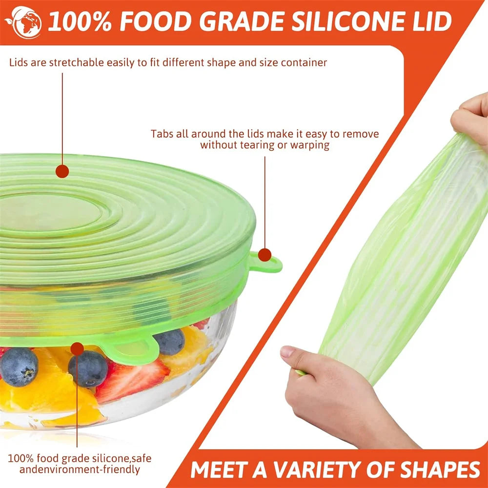 A green silicone lid is shown fitting a glass container, demonstrating its stretchable and durable features.