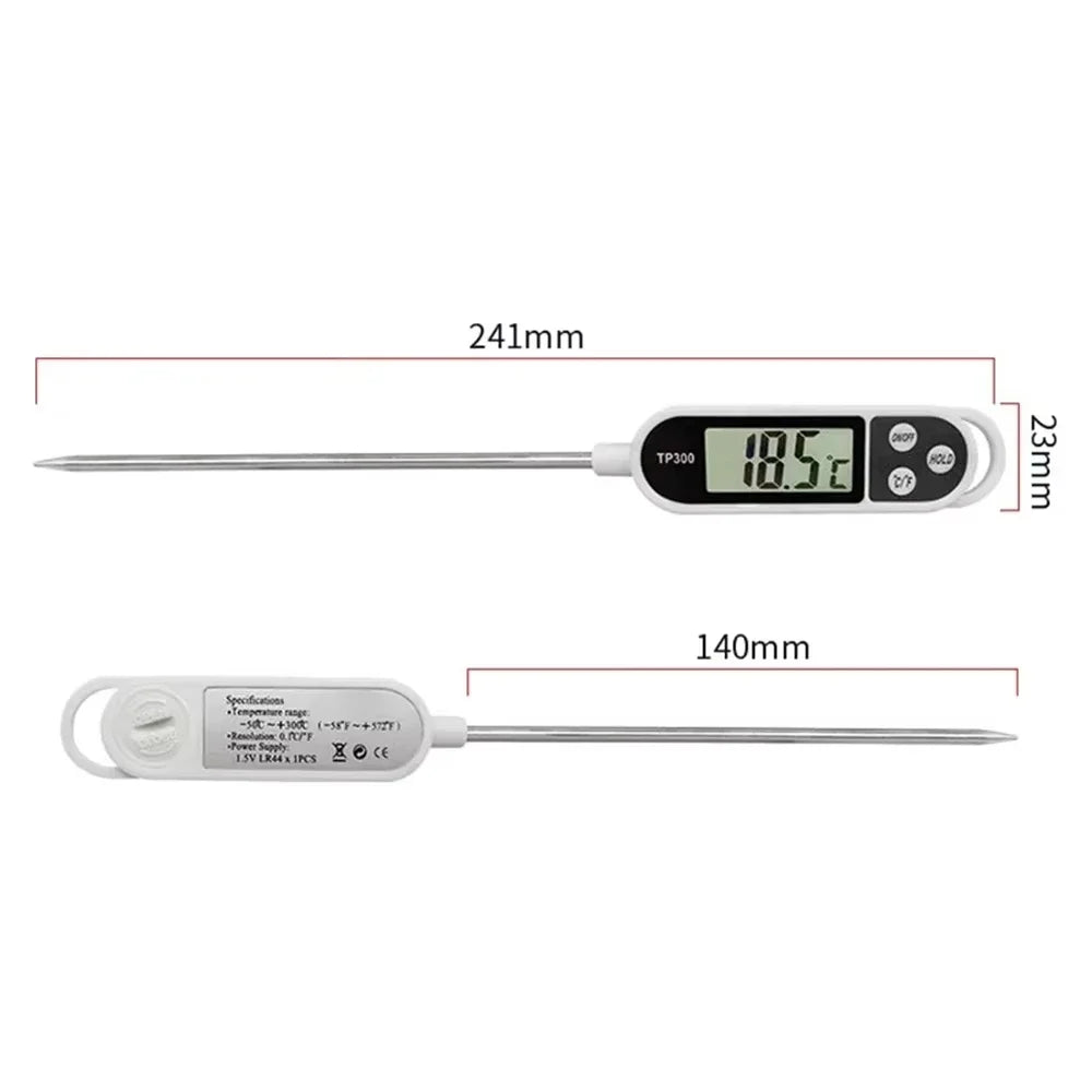A digital kitchen food thermometer with an instant read probe shown in two views, highlighting its length and display.