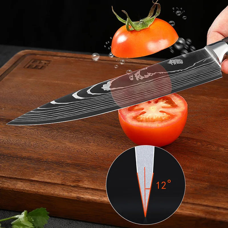 A professional Damascus chef knife is shown slicing a tomato on a wooden cutting board.
