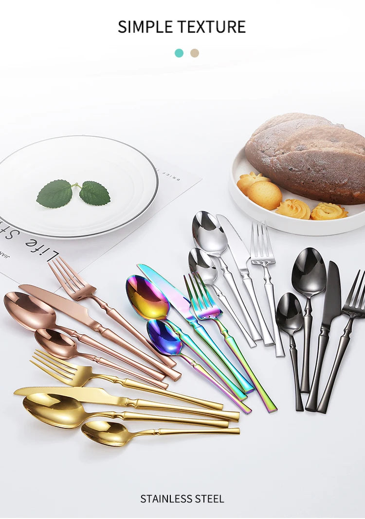 A collection of 30 pieces of glossy gold stainless steel dinnerware, including cutlery and plates, displayed on a white backg