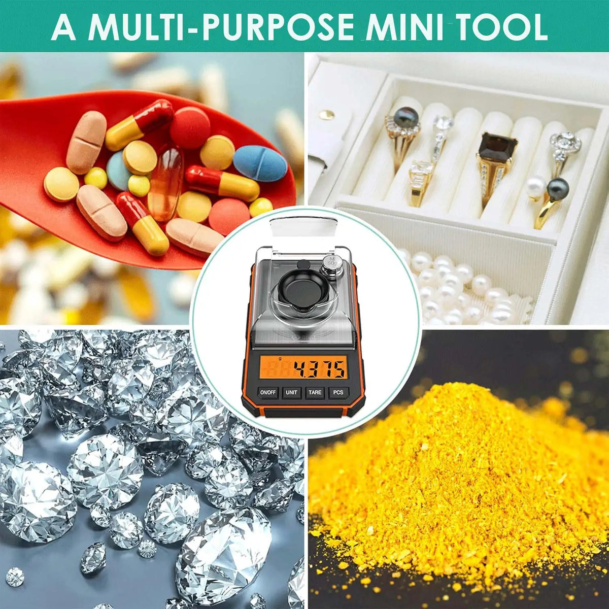 A multi-purpose mini tool featuring a digital scale, loose crystals, and yellow powder.