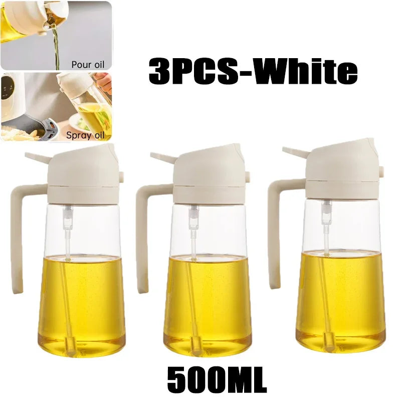 Three white 500ml glass oil spray bottles shown with oil and spray liquid.