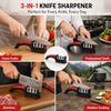 A 3-in-1 knife sharpener in black and red is shown being used by home cooks, professional chefs, butchers, and for outdoor co