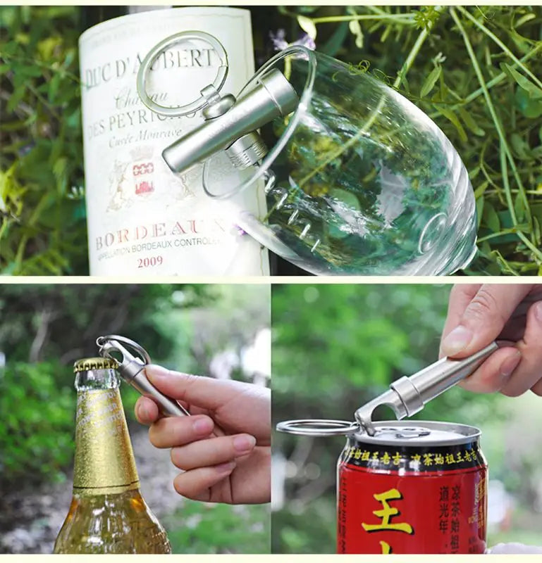 A close-up of a glass bottle with a metal bottle opener attached to a keychain, set against a blurred green outdoor backgroun