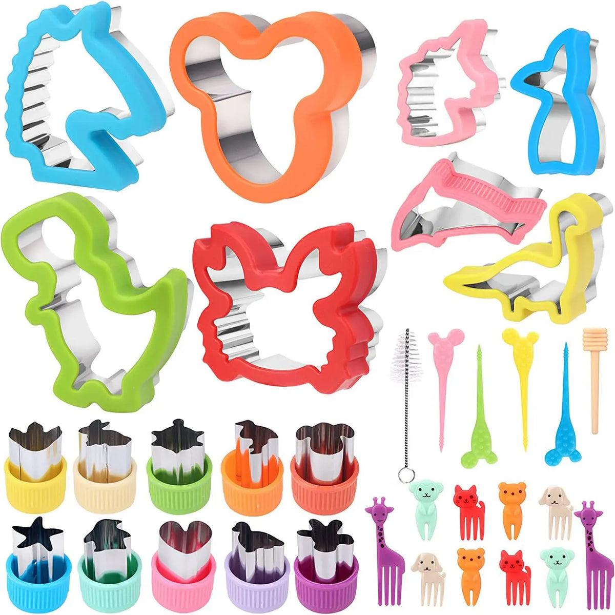 A collection of colorful plastic sandwich cutters and decorative tools for baking and crafting.