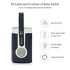 A portable warm sleeve for a baby bottle with a carry-on design featuring a light reminder and adjustable girth.
