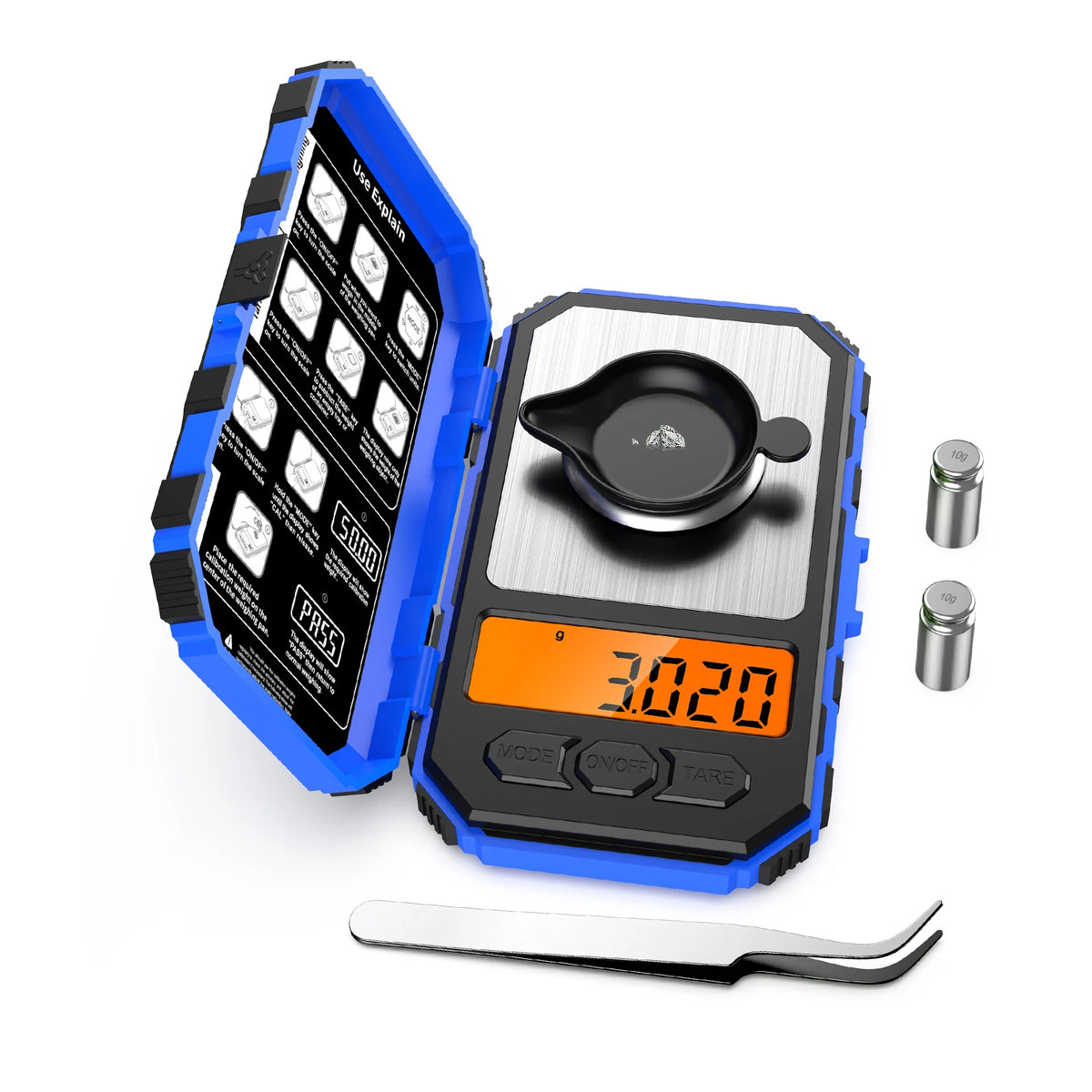 A blue and black digital scale with a built-in meat thermometer and a knife shown on a white background.