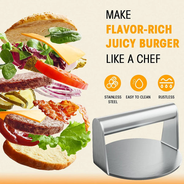 Edelstahl-Burgerpresse neben saftigen Burgerzutaten