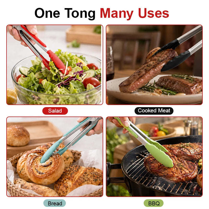 A set of three food-grade silicone kitchen tongs used for various cooking tasks like salad, meat, bread, and BBQ grilling.