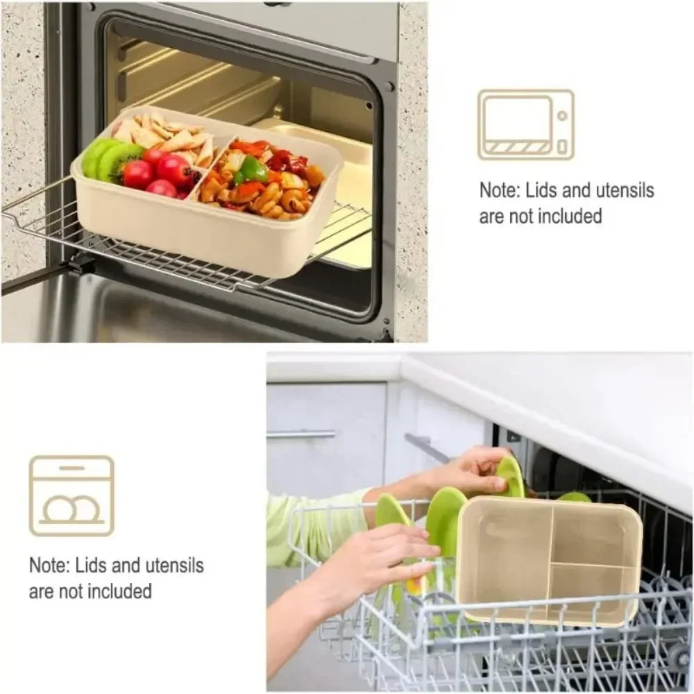 A stainless steel bento lunch box is shown inside an oven, with a separate note indicating lids and utensils are not included