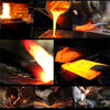 Close-up shots of hand-forged stainless steel chef knives being hammered and shaped by a blacksmith.
