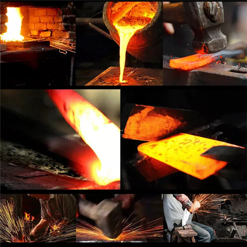 Close-up shots of hand-forged stainless steel chef knives being hammered and shaped by a blacksmith.