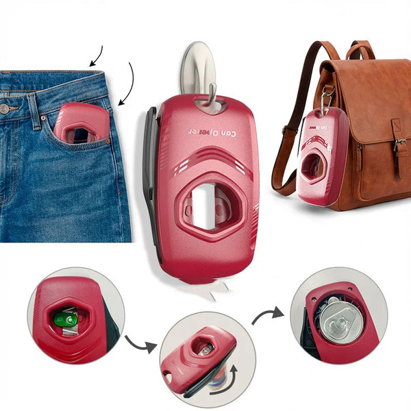Eine portable rote Konservendoseöffner in verschiedenen Kontexten, z.B. auf Jeans und einem braunen Rucksack.