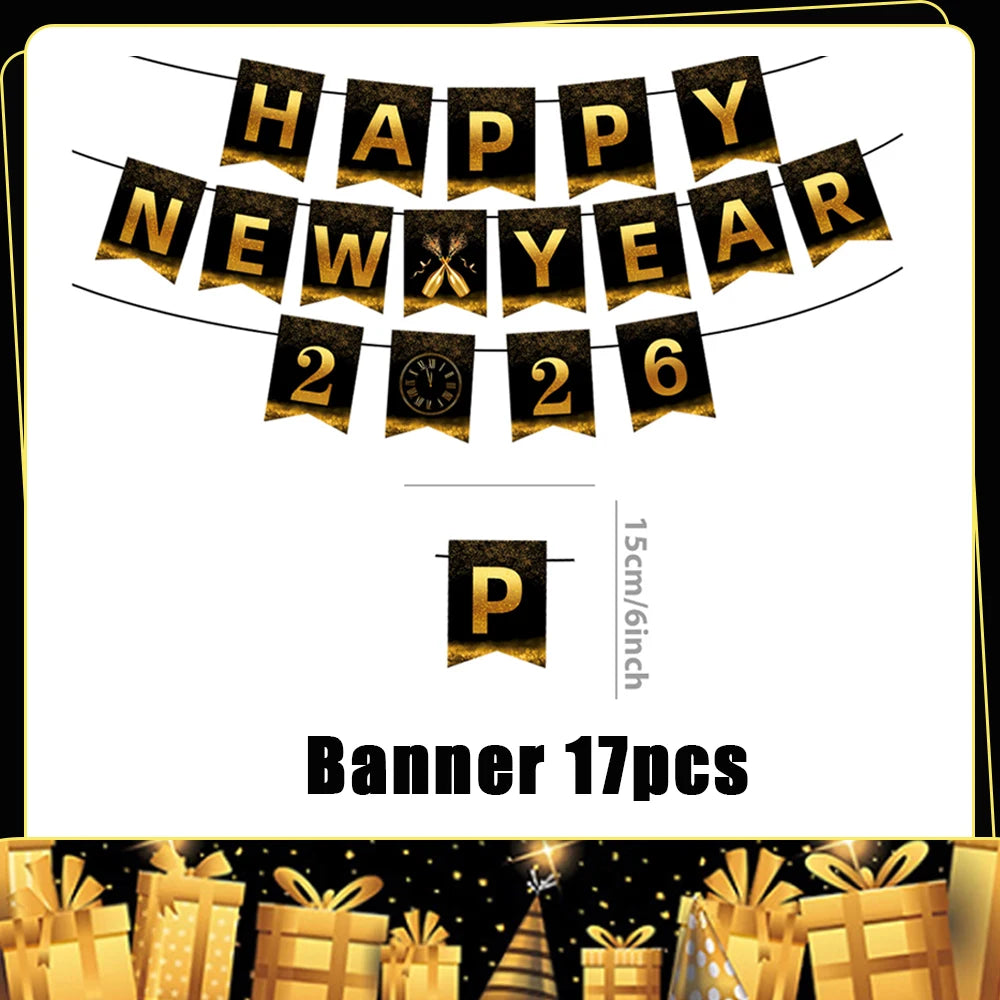 A banner featuring 'HAPPY NEW YEAR 2026' in gold fabric, with a letter P and text indicating 17 pieces.