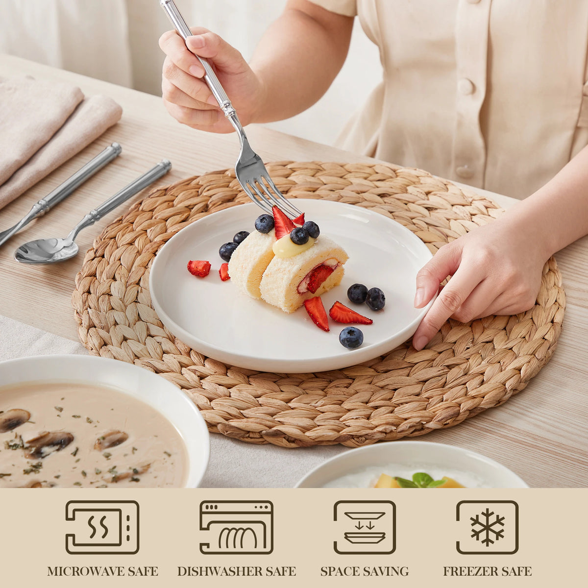 A person is serving food onto a white plate with silverware, next to various kitchen appliances and dinnerware.