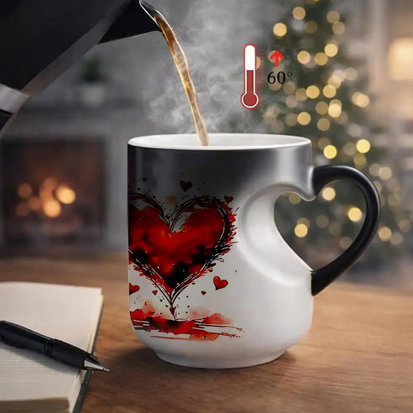 A white ceramic mug with a red heart design is being filled with liquid, showing a temperature gauge reading 60 degrees.