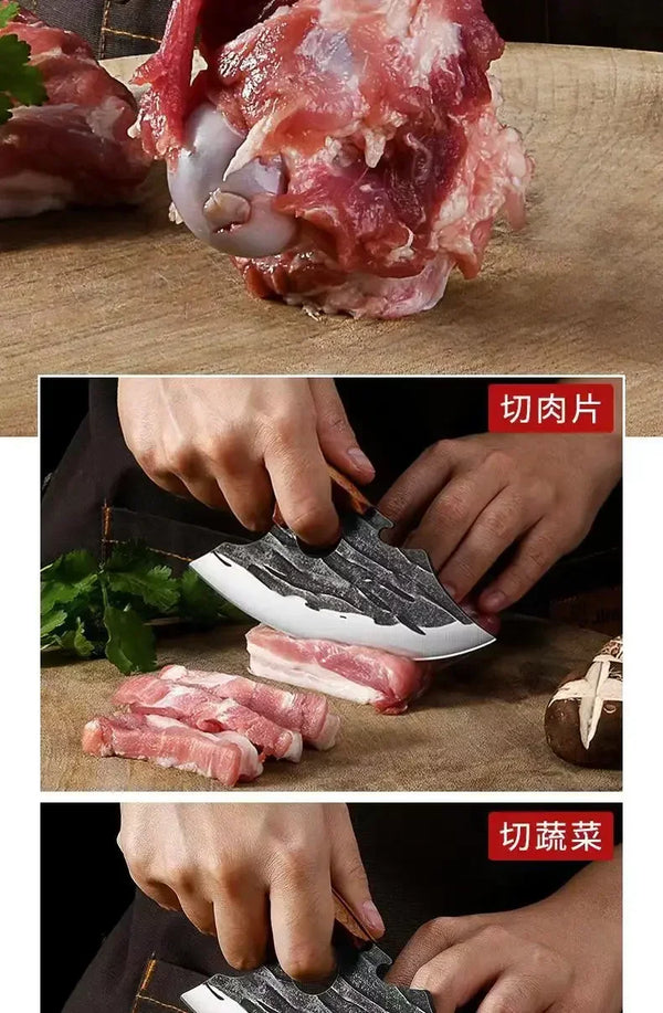 Nahaufnahme eines handgeschmiedeten Edelstahl-Fleischschnittmessers, der rohes Fleisch schneidet.